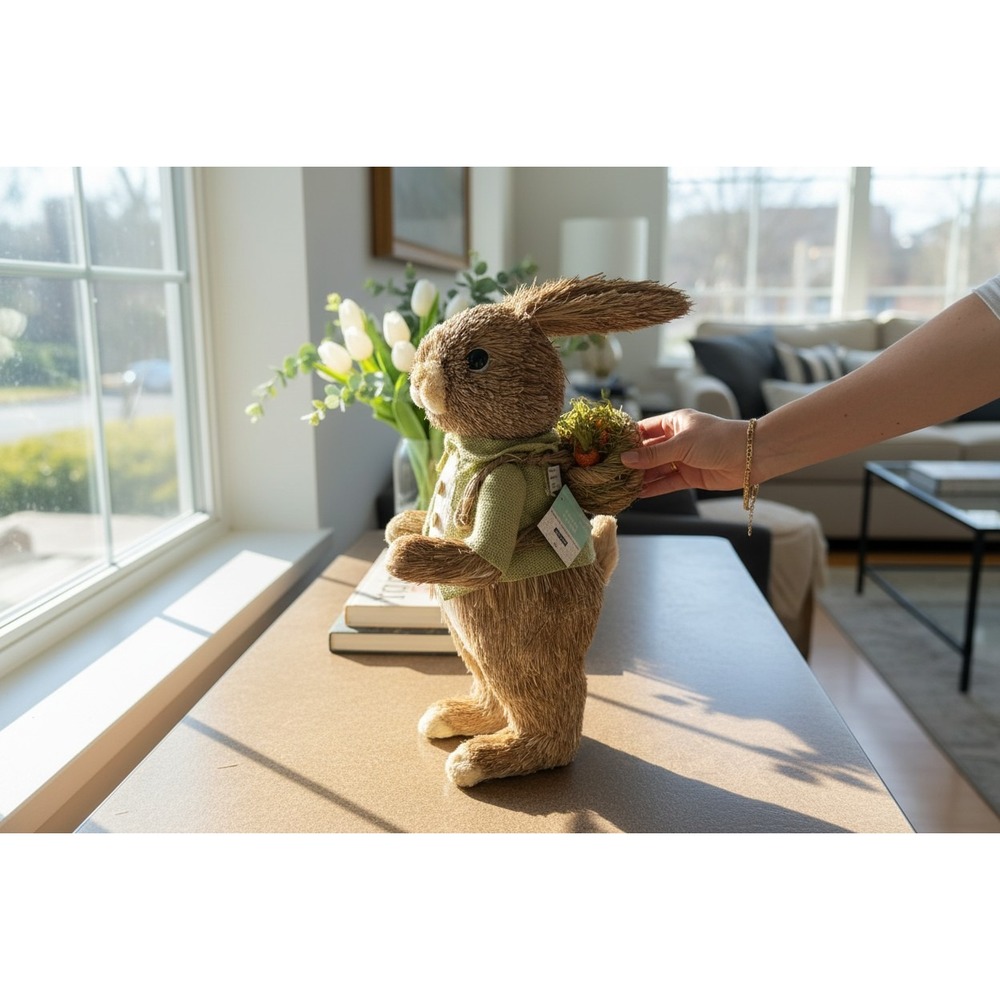 Ashland Sisal Straw Easter Bunny Figurine Large 18in Brown Green Brand New